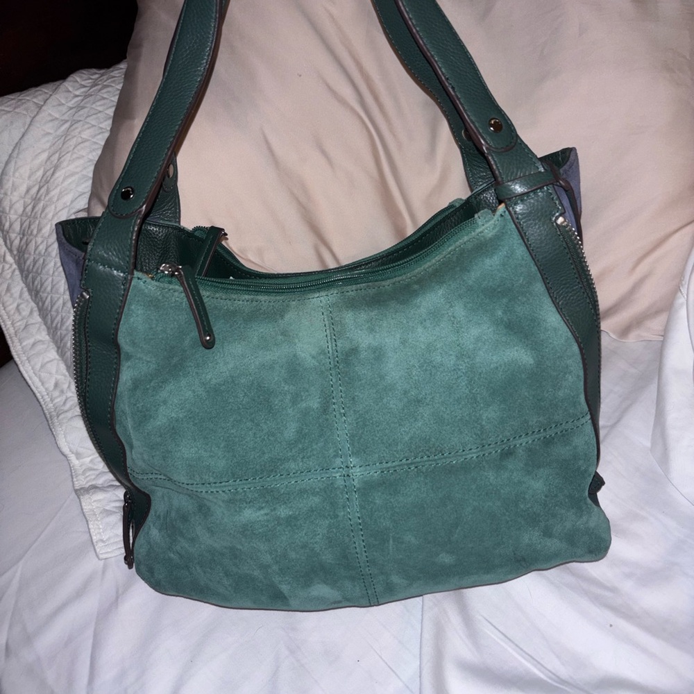 Tignanello Forest Green Suede Shoulder Expandable Bag. Zip Sides Change Size. - Picture 5 of 17